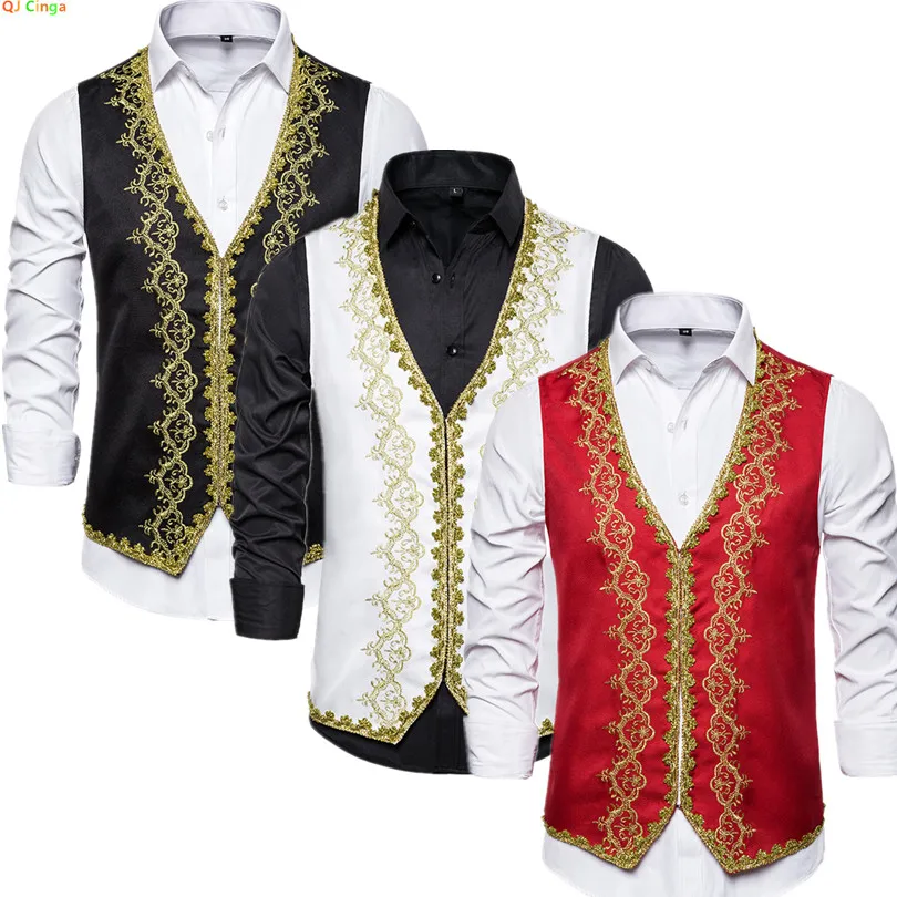 

Красный мужской жилет с золотой вышивкой, белый жилет для двора/студии, черные жилеты без рукавов для выступлений на сцене оперы, пальто