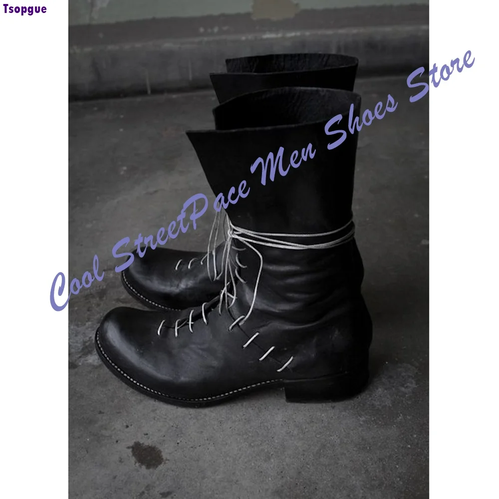 Side Lace Up Mid Calf Boots Men Black Distressed White Contrast Stitch Wrap Around Laces Low Stacked Heel Dark Gothic Street