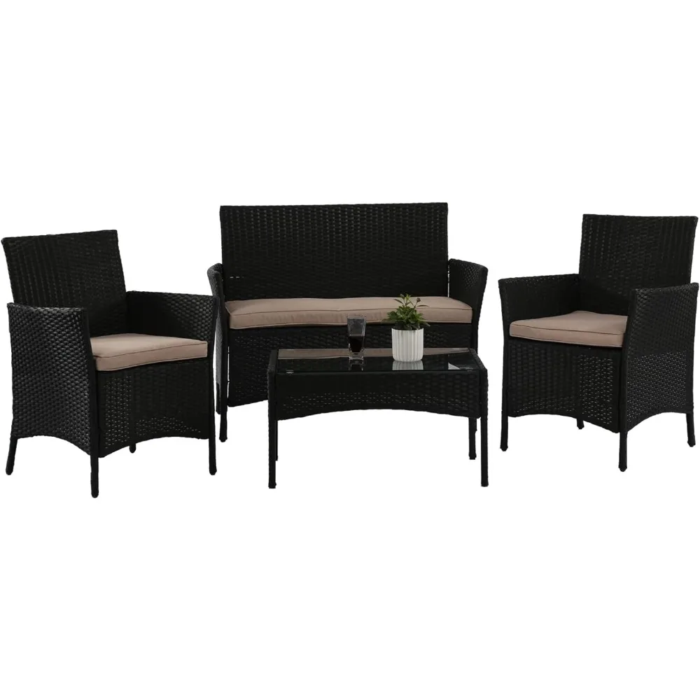 

Luxury 4-Piece Wicker Patio Set - Rattan Sofa with Plush Cushions & Glass Coffee Table, Outdoor Conversation Group