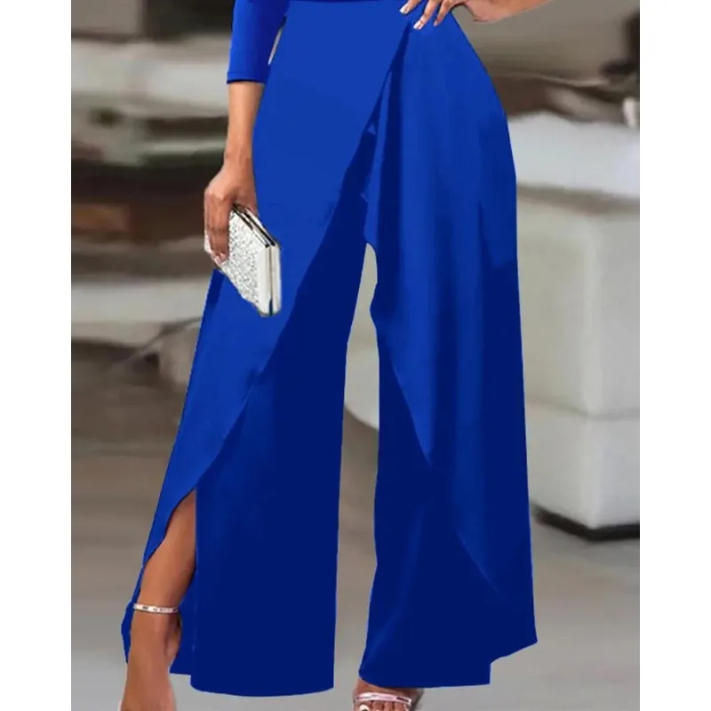 Sexy Women Corset Jumpsuit Overalls Elegant Fashion Long Sleeve One Shoulder High Waist Slit Wide Leg Pants Romper Clubwear