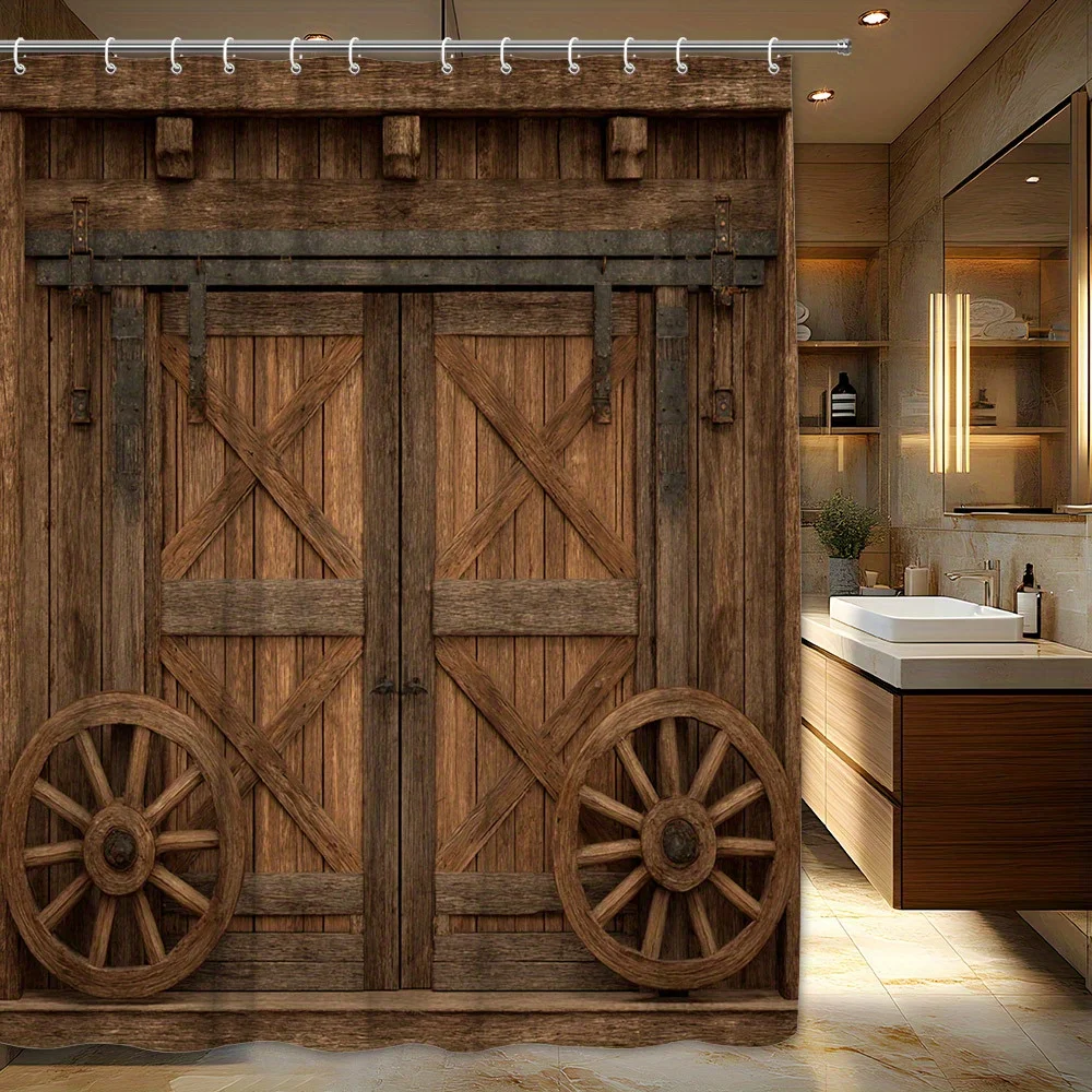 Rustic Barn Door Shower Curtain Farmhouse Bathroom Decor Waterproof Industrial Wood Curtain 180x180cm Style Statement Piece