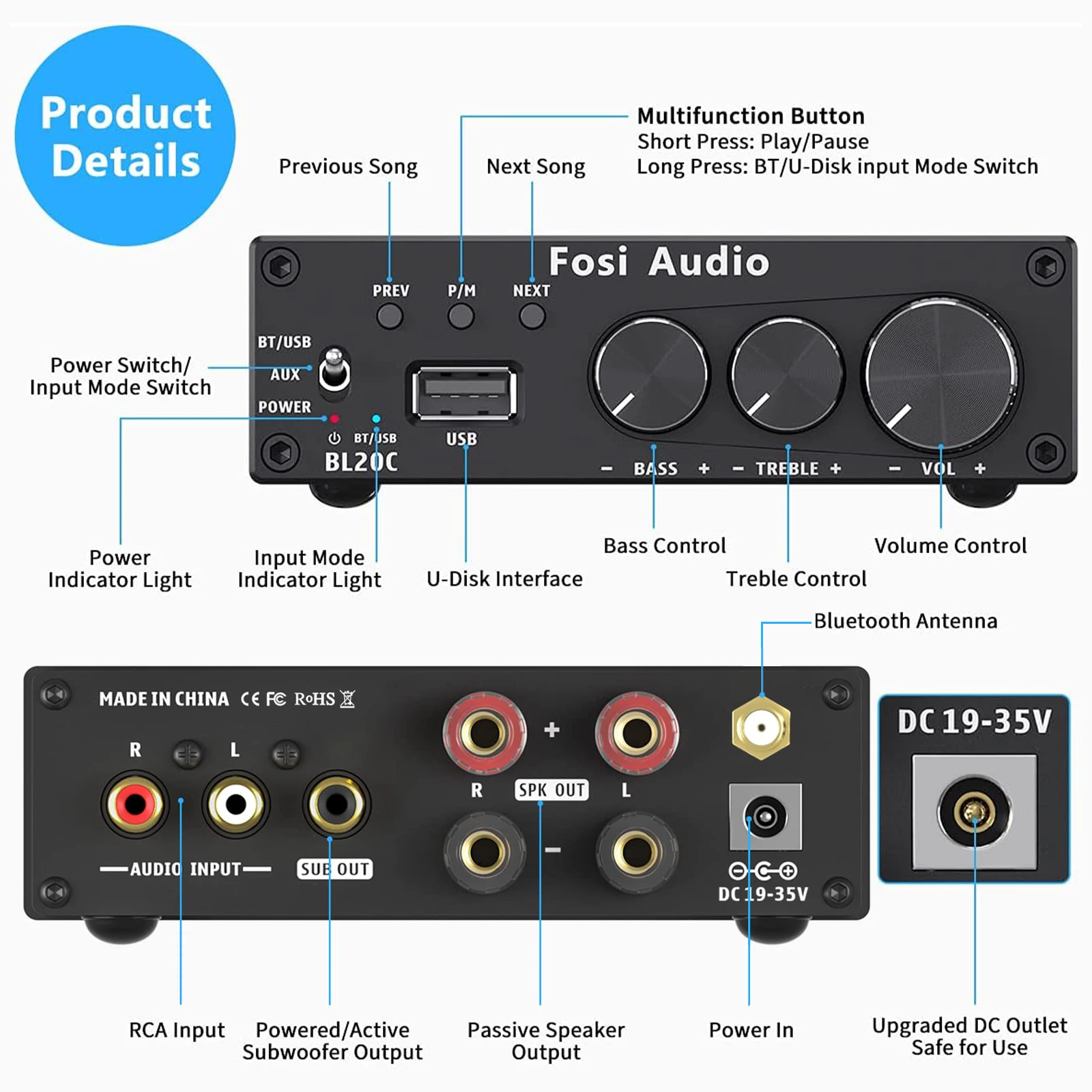 Fosi Audio BL20C مع مصدر طاقة 32 فولت بلوتوث 5.0 2.1 HiFi مضخم استقبال الصوت فئة صغيرة D أمبير مشغل أقراص U 160 وات x2