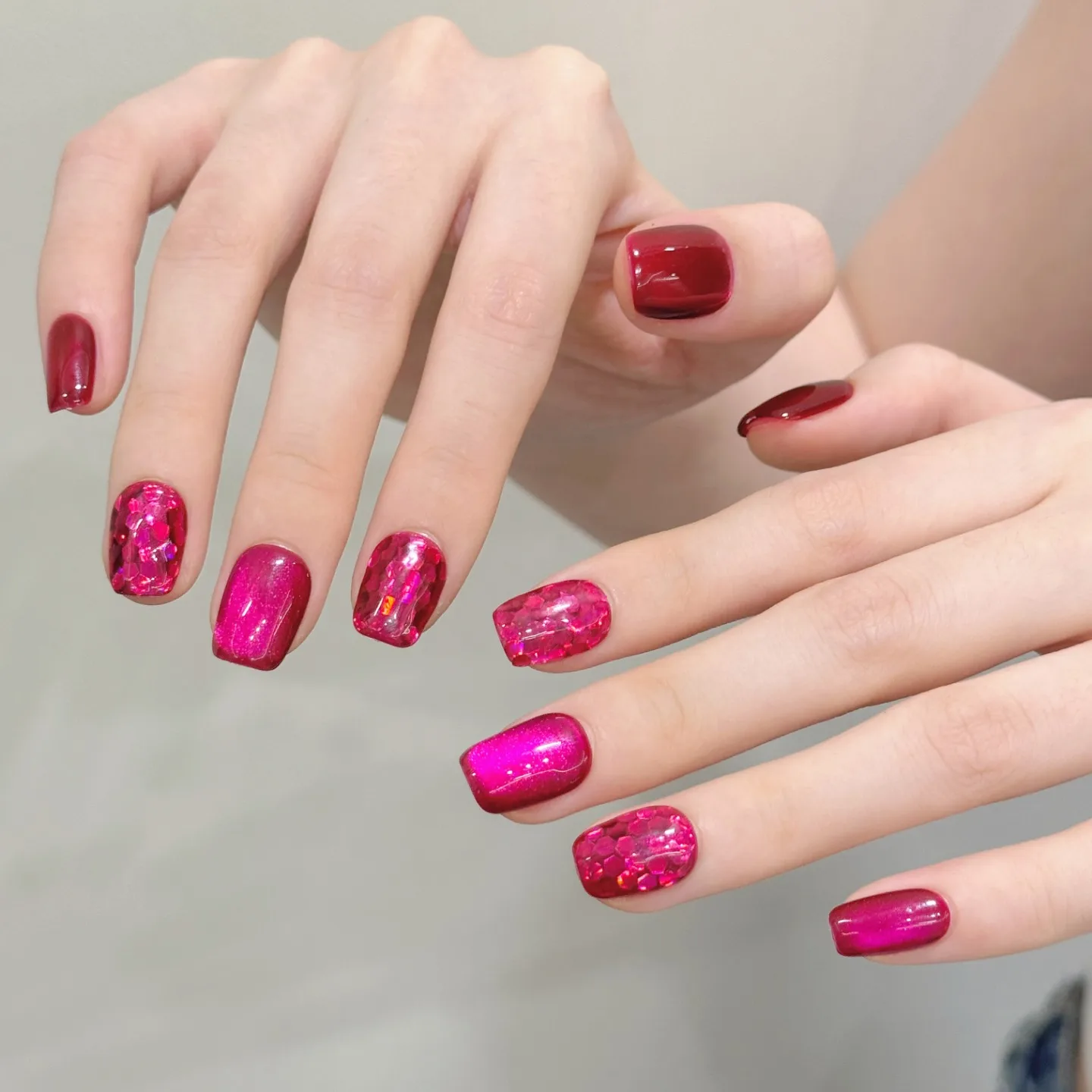 10 Uds. Ojo de gato rojo rosa "fruta de dragón", brillante, minimalista, Color sólido, brillo, uñas cortas hechas a mano