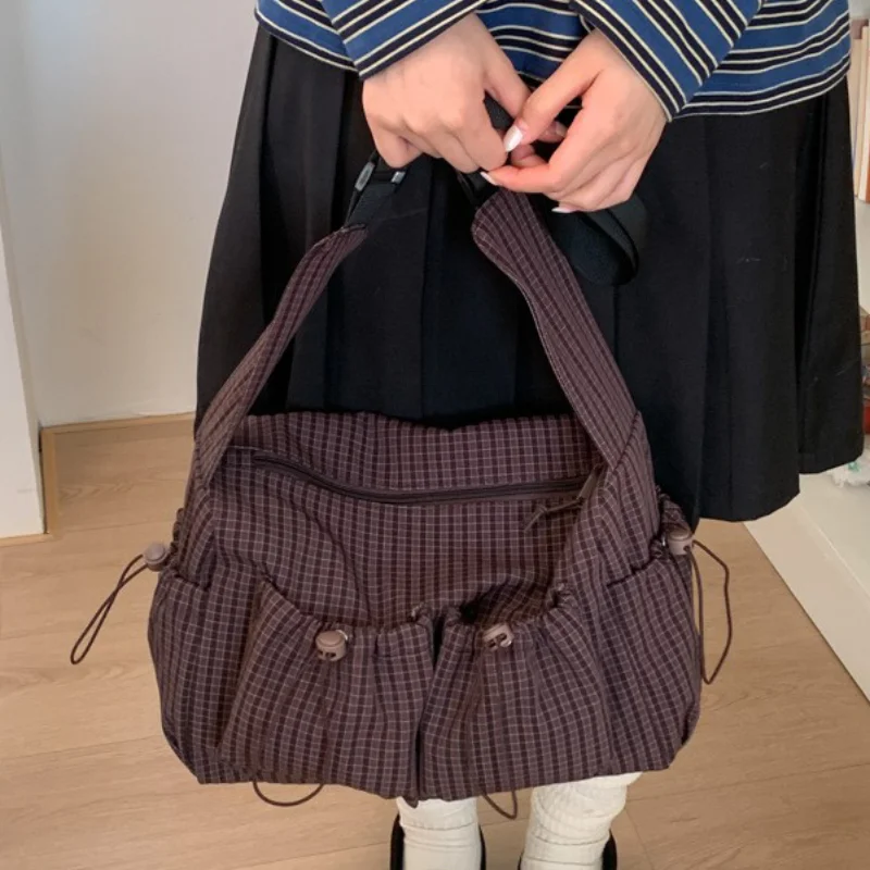 

Корейская клетчатая парусиновая сумка через плечо, большая вместительная повседневная сумка на плечо, разноцветная большая сумка для женщин, полосатая сумка-мессенджер для поездок на работу