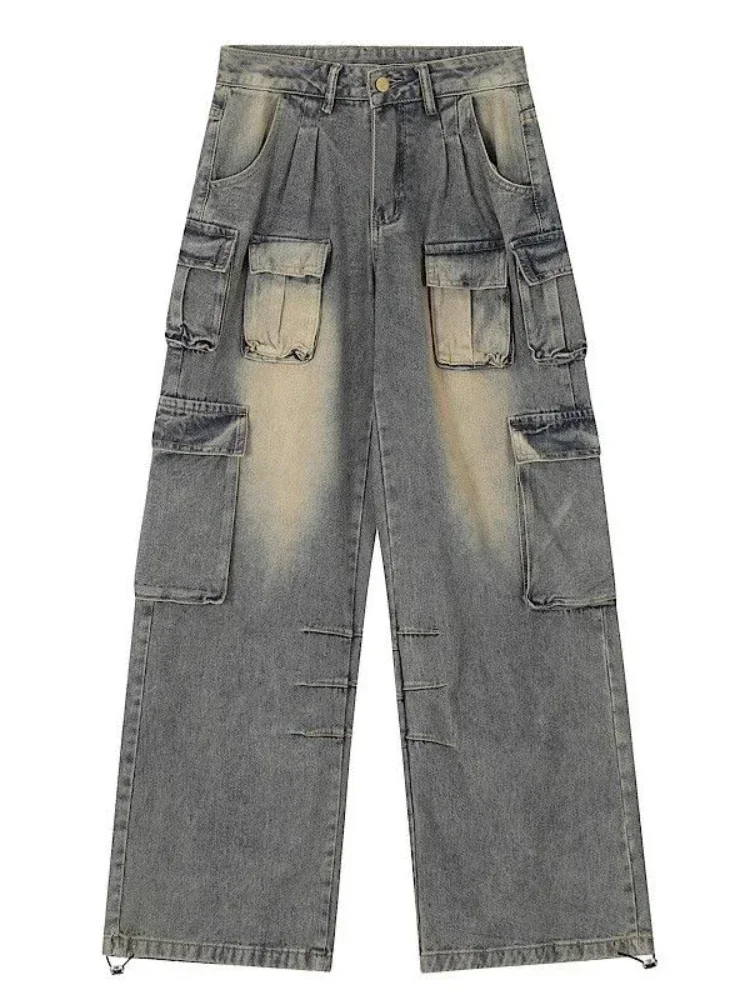 HOUZHOU Y2k Low Waist Cargo Jeans Women Vintage High Street Baggy Denim Pants with Pockets Female Wide Grunge Baddie Streetwaer