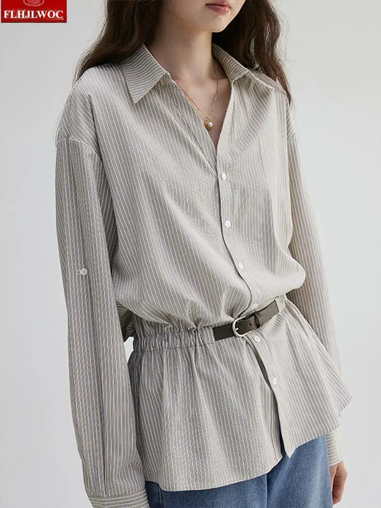 Koszule z marszczeniem w talii, nowa moda, szykowna koreańska stylizacja damska 2025, jesień, długi rękaw, dekolt w serek, w paski, retro, vintage, bluzki z falbaną.