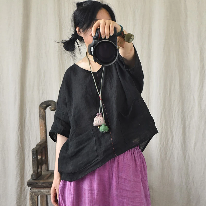 100% 린넨 여성 캐주얼 티셔츠 신상 2025 여름 빈티지 스타일 V넥 단색 루즈핏 여성 반팔 티셔츠 T504