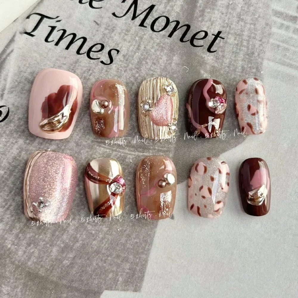 New 10Pcs Colorful Cat Eye Kawaii Handmade Press On Nails Full Cover Hand-Painted Cat Lace Bowknot Pearl Wearable False Nail Art