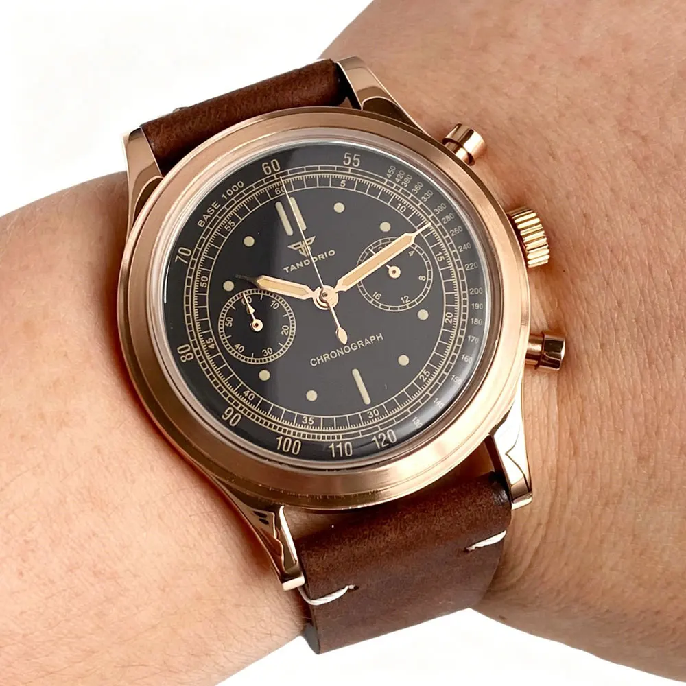 Vintage 38mm Rose Gold Quartz Watches for Men MIYOTA OS20 Multi-function Chronograph Green Luminous Marks Watch 30m Waterproof