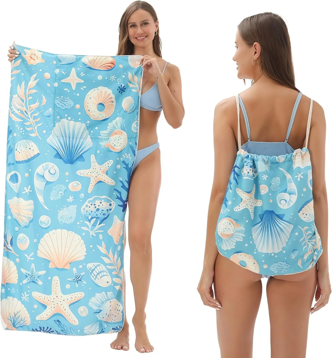 

2-in-1 Blue Foldable Beach Towel Backpack QuickDry Absorbent Convertible Beach Mat Carry Bag for Summer Camping Yoga Travel Pool