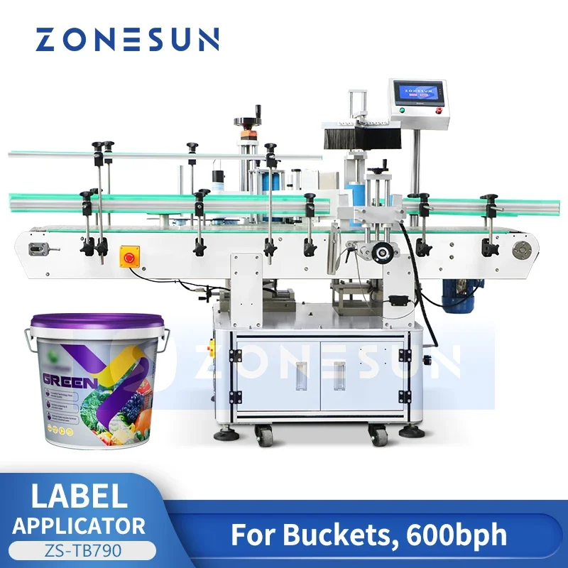 Zonesun Pail Labeler Bucket Labeling Machine Label Applicator Wrap-around Labeler Tapered Bottle Labeling Machine ZS-TB790