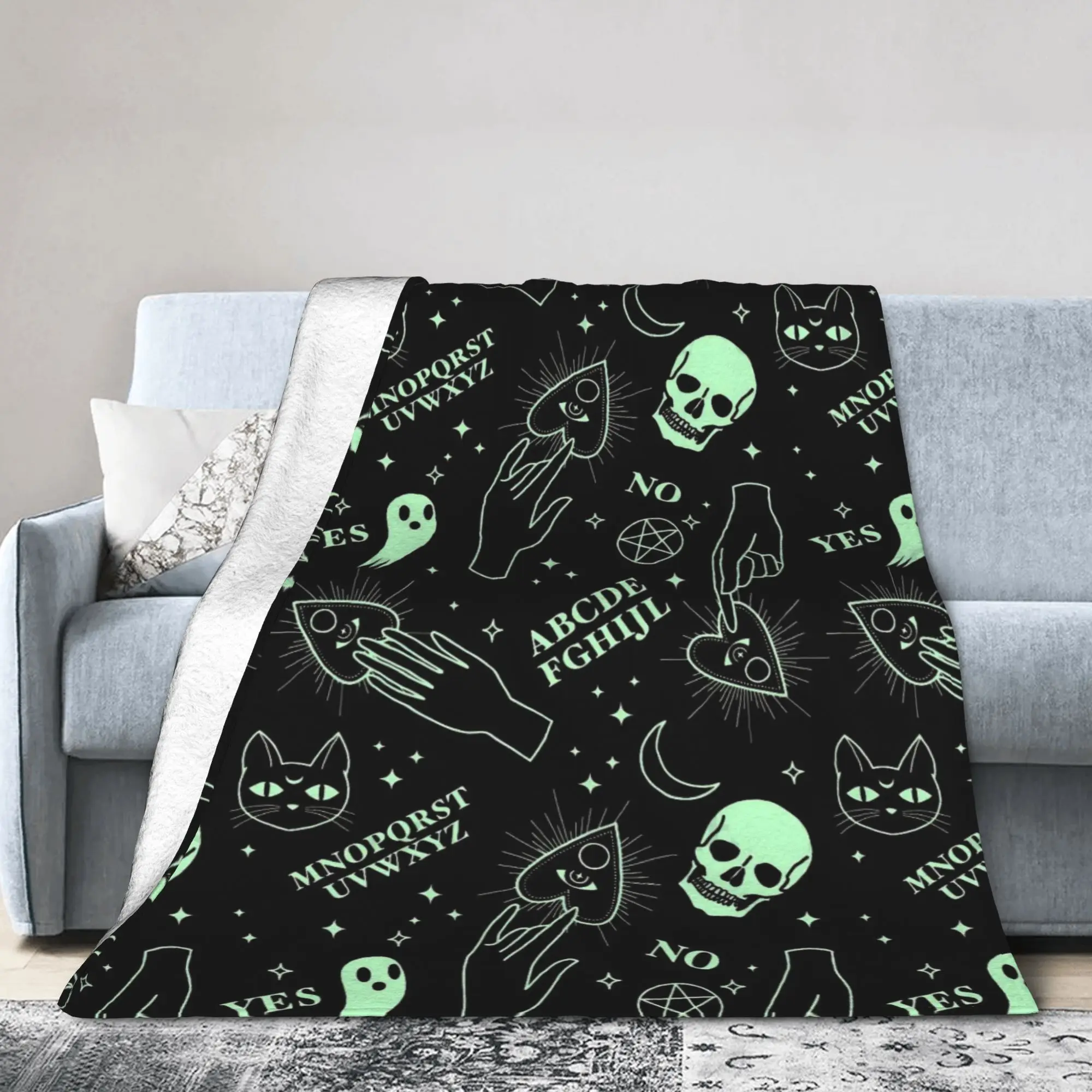 Ouija Board Knitted Blanket Mystical Skull Cat Fuzzy Throw Blanket Summer Air Conditioning Personalised Ultra-Soft Warm Bedsprea