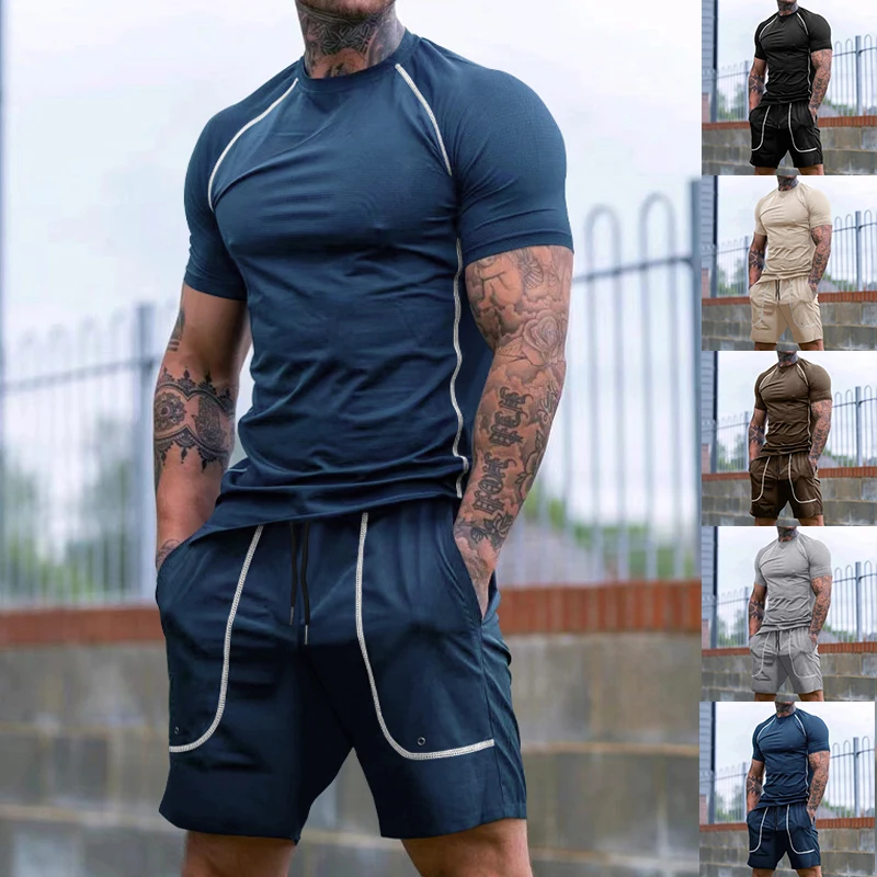 Cross-border Europe and the United States men's solid color short-sleeved shorts T-shirt tracksuit