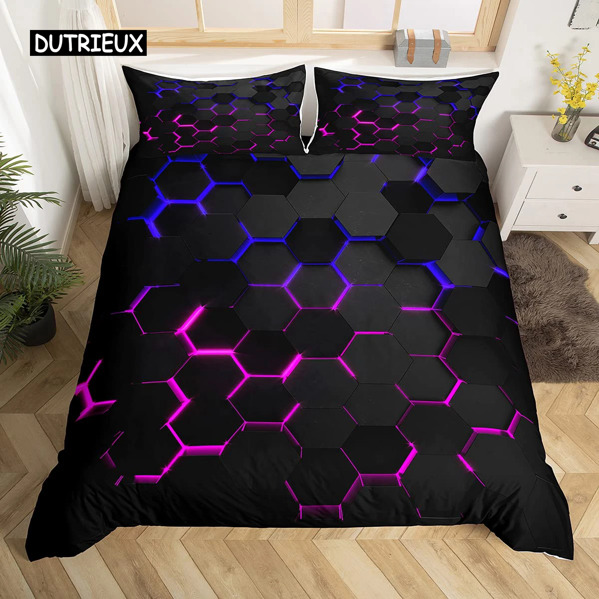 

Honeycomb Duvet Cover Set Queen Size Geometry Hexagon Theme with Pink Blue Neon Lights Chic Comforter Cover for Boys Teen Man