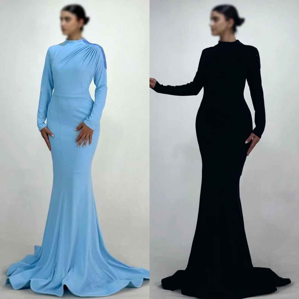 

Customized Simple Retro Jersey Beading Pleat Mermaid Poretrait Long Dresses Bespoke Occasion Dresses High Quality Modern Style