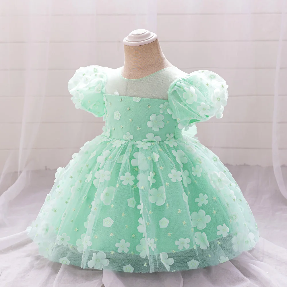 Toddler Baby Flower Party Dress Puff Sleeve Floral Baptism Wedding 1st Birthday Bow Lace Princess Dress for Baby Girls Prom Gown