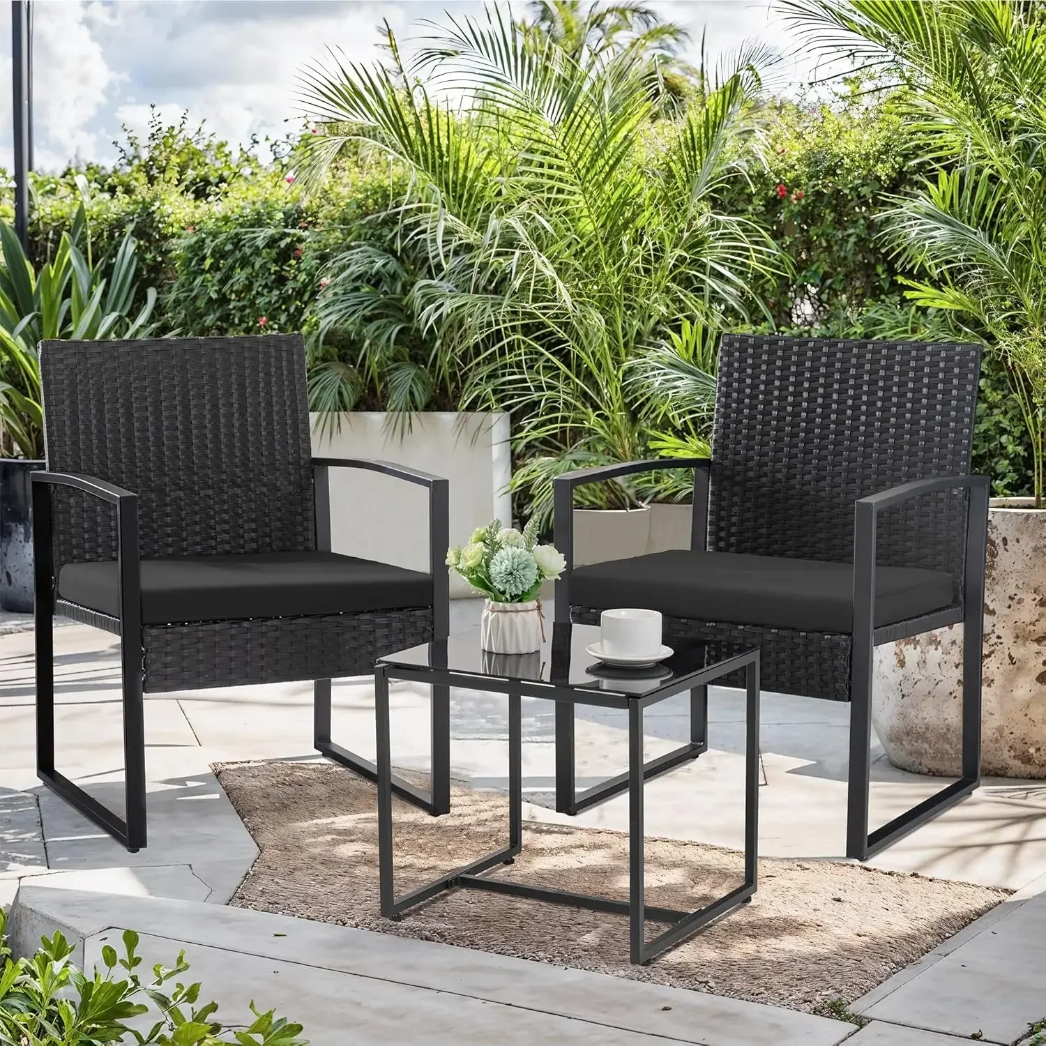 

Balcony 3 Piece Furniture Table Garden Backyard Outdoor Patio Use Porch Chairs Cushioned PE Wicker Bistro Set Rattan (Black)