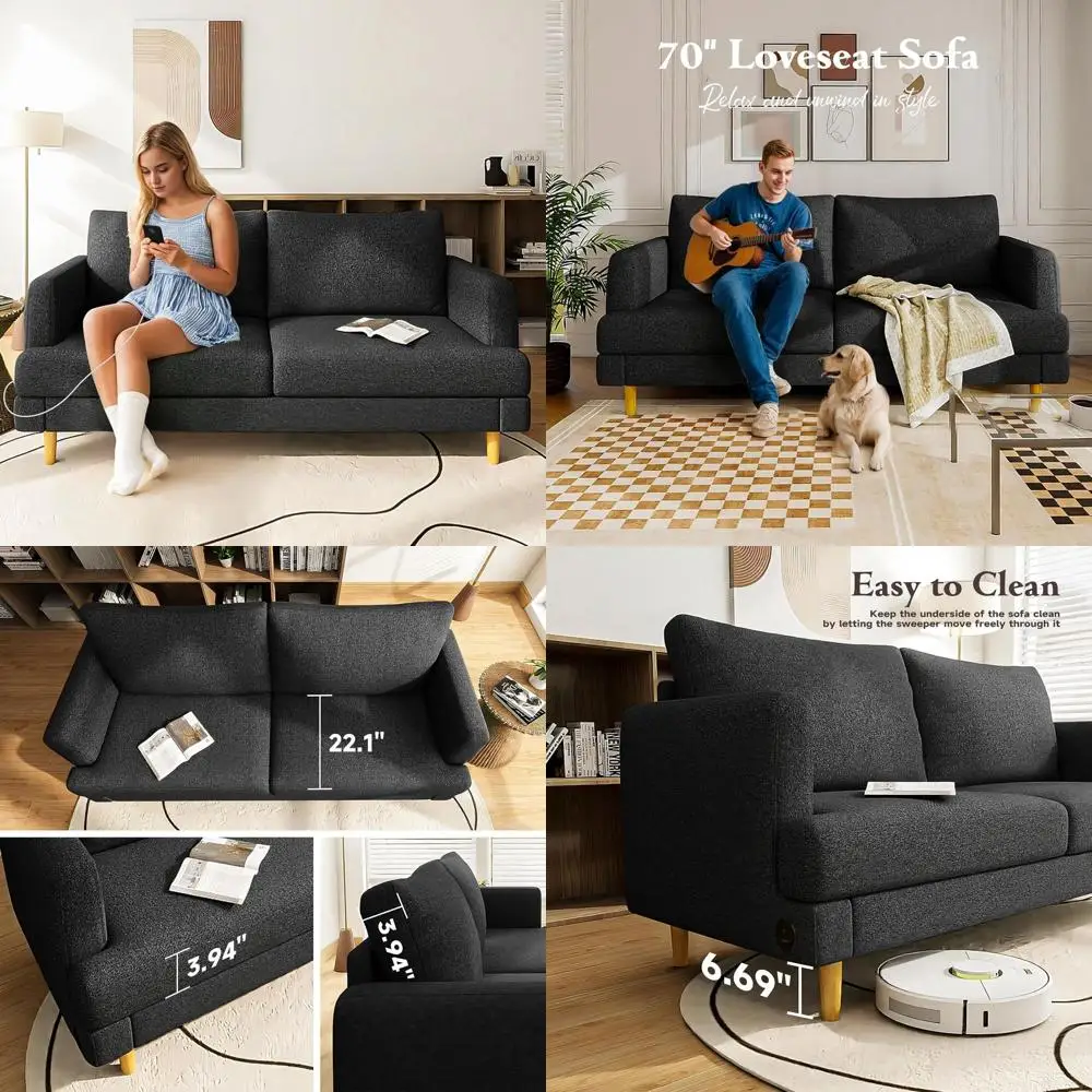 

Modern 2-Person Loveseat with USB Ports, 70 Deep Seating Sofa for Living Room, Bedroom, or Office - Black Upholstered Couch with