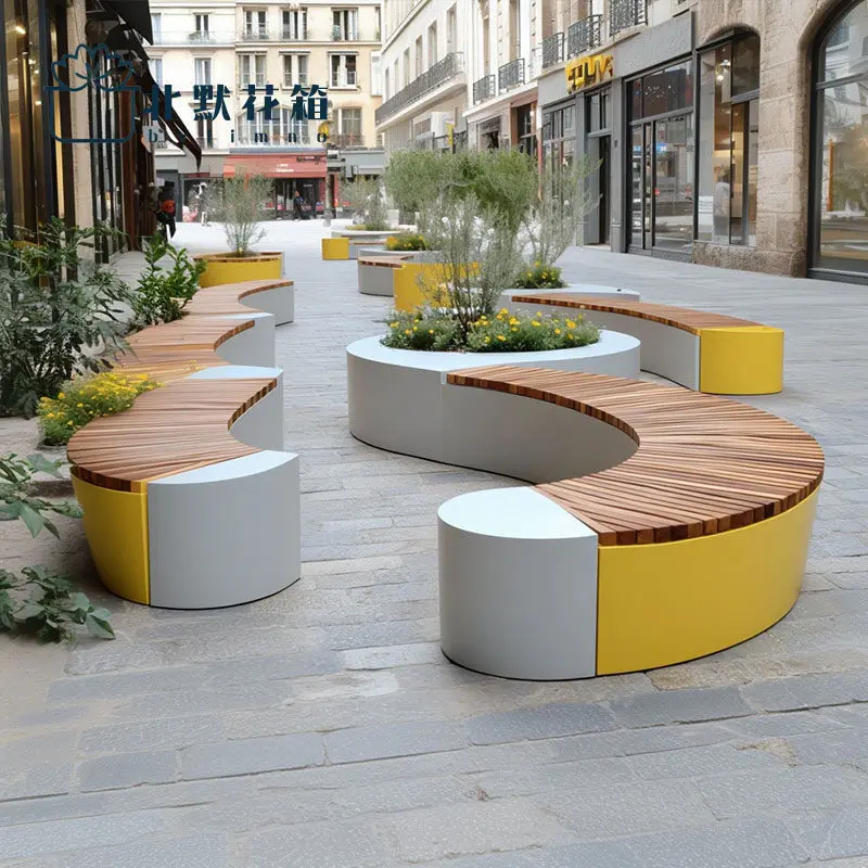 Curved outdoor flower box seat stool commercial street square municipal landscape wrought iron flower slot finished planting flo