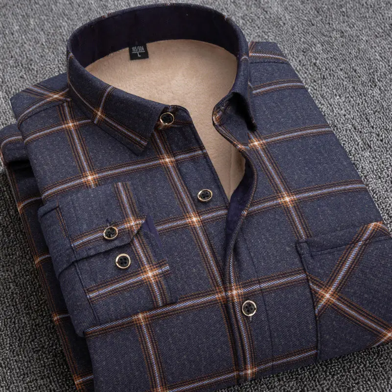 Autumn Winter Men Fleece Shirts Warm Business Casual Plaid Turn-down Collar Long Sleeve Thick Blouse Male All-match Pocket Tops