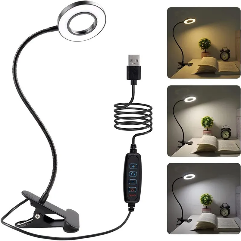 48 LEDs lámpara de escritorio clip USB libro luz 360 ° flexible protección ocular cuello de cisne luz de lectura brillo ajustable 3 niveles