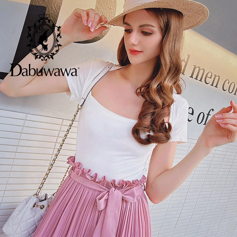 

Dabuwawa Casual White T Shirt Women Summer Square Neck Solid Slim Fitted T-shirt Short Sleeve Basic Tops Female DF1BTS022