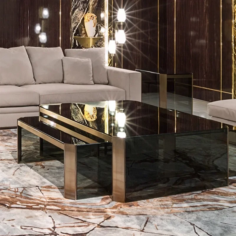 Light luxury Italian square coffee table size combination tempered glass coffee table stainless steel living room modern simple