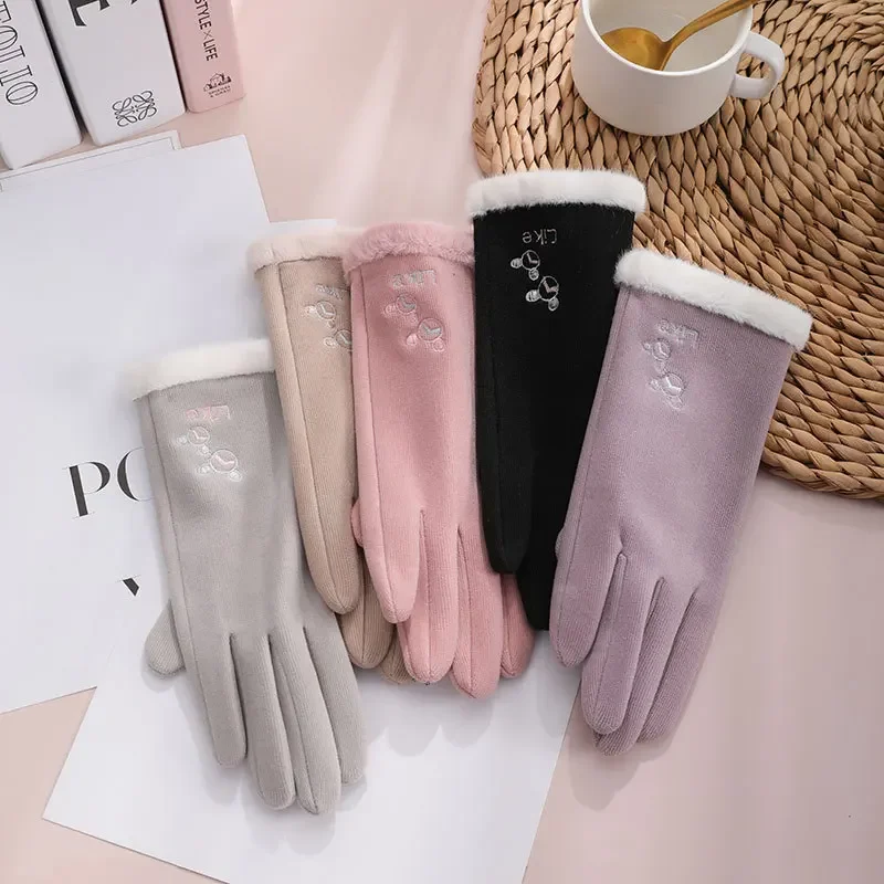 

New Female Autumn Winter Non-Inverted Velvet Cashmere Full Finger Warm Gloves Women Cotton Touch Screen Gloves