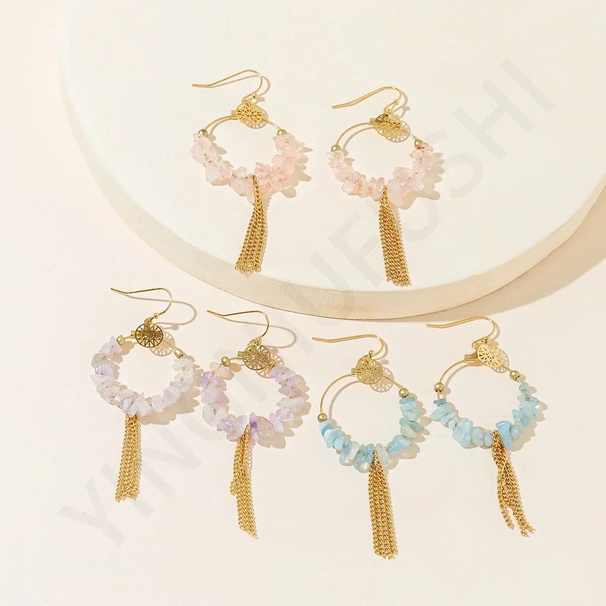 Fashion Super Fairy Crushed Stone Tassel Symmetry Earrings for Women Retro Gentle Temperament Drop Earrings Lady Jewelry Gift