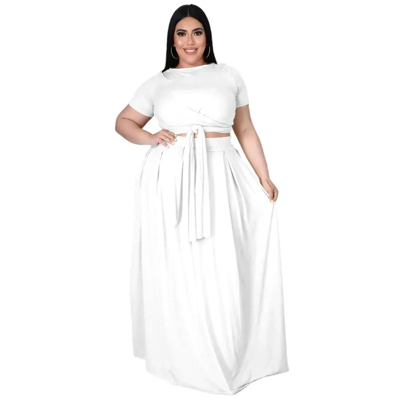 

European, American Fashion Large-size Women's Clothing Amazon Cross-border Solid Color Cross-strap Big Swing Skirt Two-piece Set