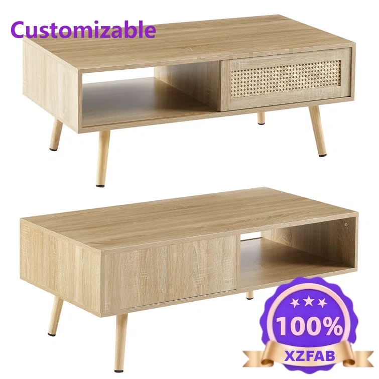 Factory Direct 2026 Tavolino da caffè in rattan di legno con cassetto Tavolo portaoggetti in legno per soggiorno Tavolo da tè
