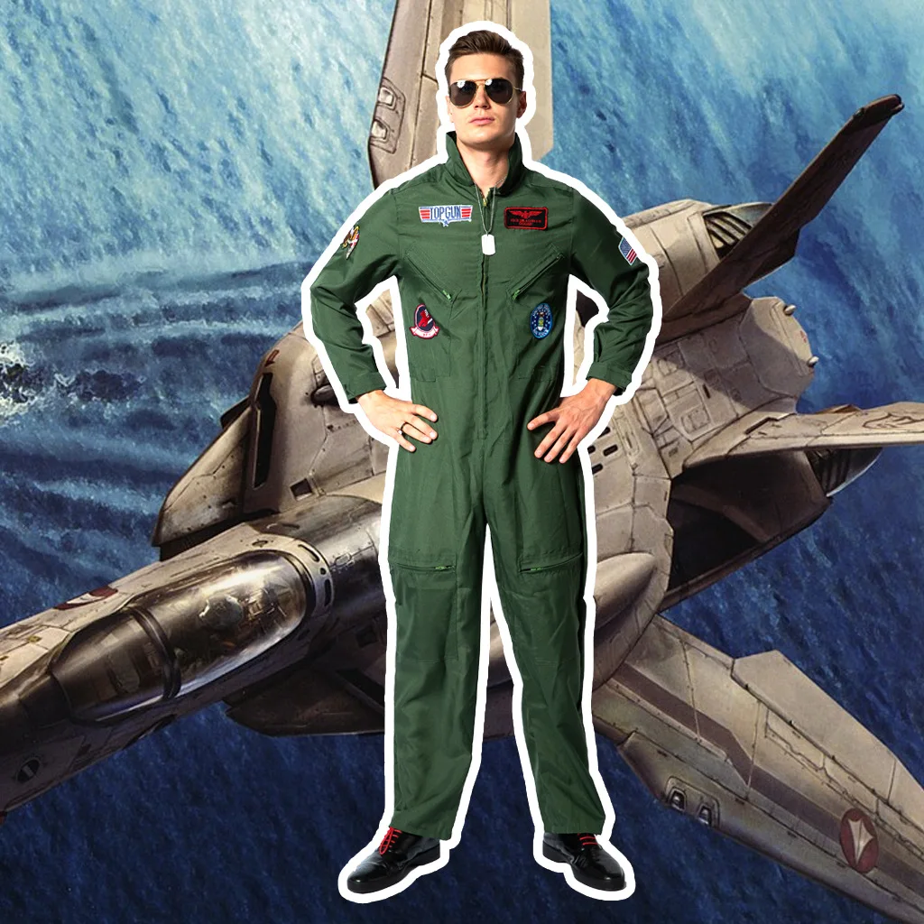 Top Gun Movie Cosplay American Airforce Uniform Halloween Costumes for Men Adult Army Green Military Pilot Jumpsuit Astronaut