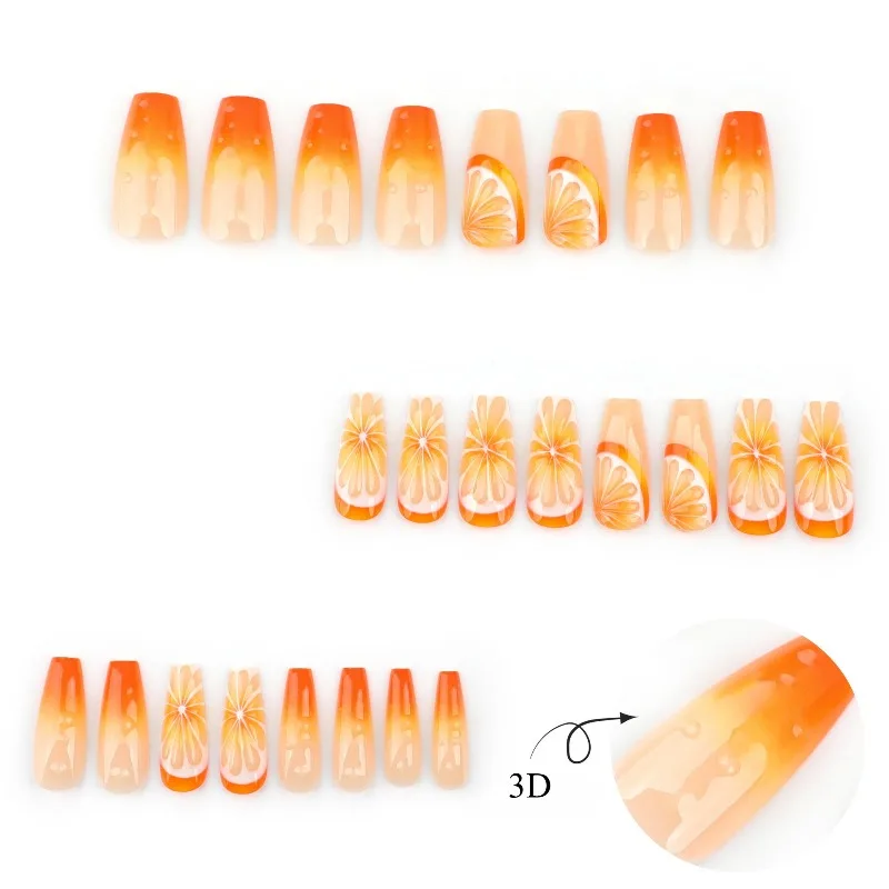 เล็บปลอมลายผลไม้ส้ม 3 มิติ ดีไซน์สดใสไม่ซ้ำใคร ลายไล่สีส้ม แบบหยดน้ำ 3 มิติ