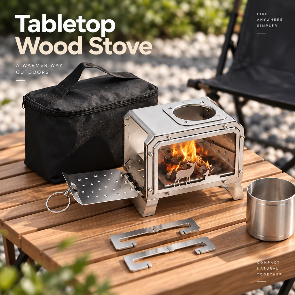 Portable Tabletop Wood Stove Stainless Steel Camping Mini Stove with Glass Window Carry Bag Outdoor Heating Cooking Tent Stove