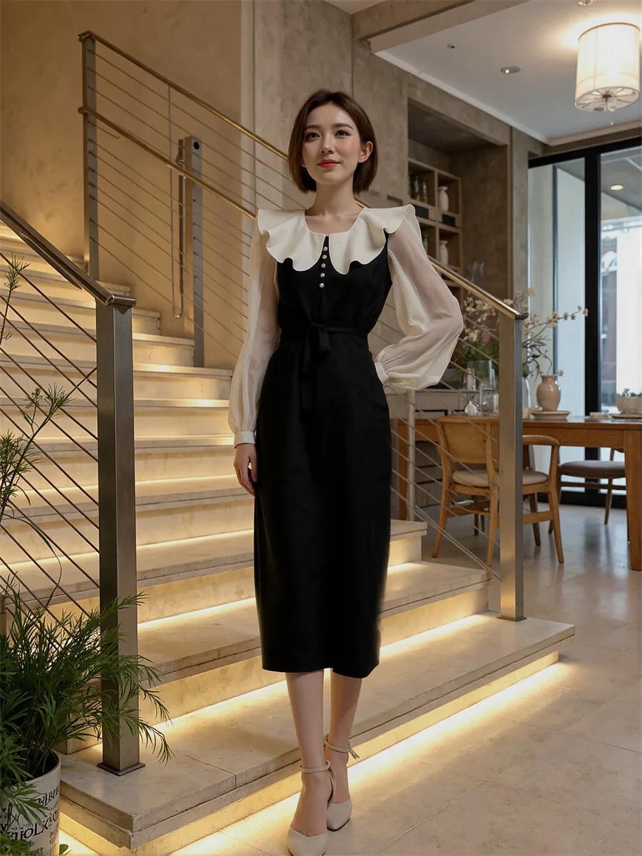 여성 드레스 우아한 여성 2025 긴 소매 블랙 화이트 패치워크 큐프로 커브드 컷 귀여운 컷아웃 사이버 데일리 데이지 댄스