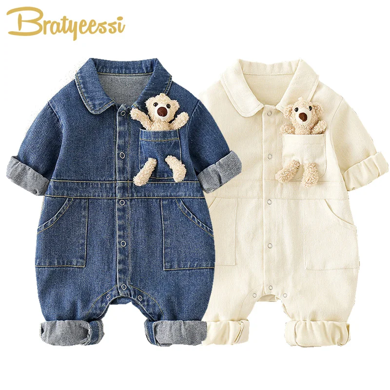 Denim Romper Baby Jumpsuit Cartoon Bear Korean Toddler Onesie Autumn Baby Boys Girls Clothes Infant Outfit Clothing