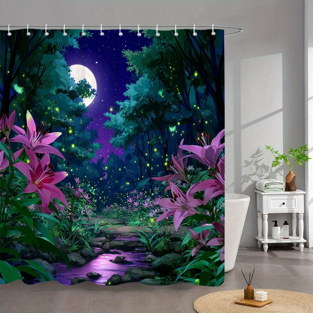 قطعة واحدة من ستارة دش غابة الرسوم المتحركة المسحورة - الزنابق الوردية المضاءة بالقمر، اليراعات المتوهجة وتصميم السماء الليلية المرصعة بالنجوم - بوليستر متين