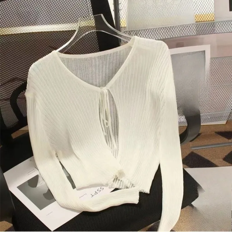 

OCEANLOVE Thin Short Cardigans Spring Autumn Bandage Solid Sweet Woman Sweaters Korean Fashion Simple Casual Sueter Mujer