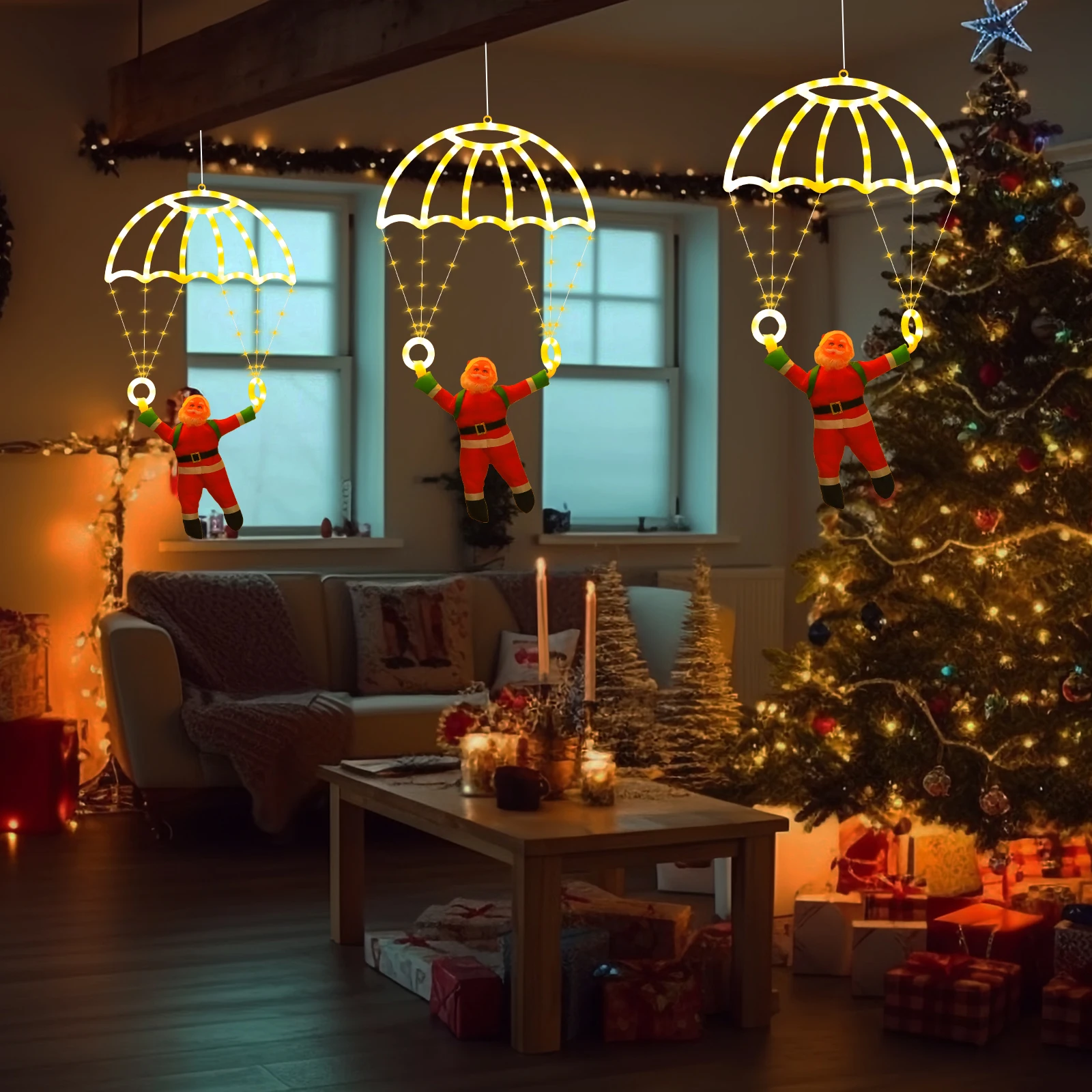Santa Parachute LED Decor-USB-Powered 8 Modes Remote Control Indoor Outdoor Application Great for Christmas Home Festivities