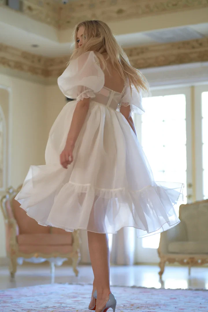 Xijun Simple White Prom Dresses Short Tea Length Puff Sleeves Evening Dresses Prom Gowns A-Line Party Dresses Princess 2023
