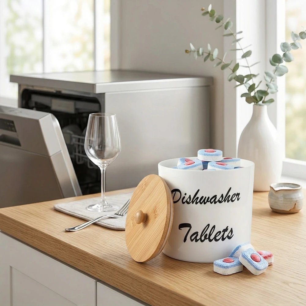 Dishwasher Pod Container with  Lid Acrylic Dishwasher Detergent Container, Farmhouse Kitchen Tablet Organizer, Round