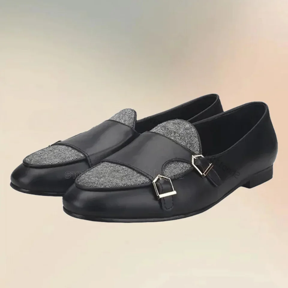 

Buckle Decor Black Double Monk Patchwork Loafers Fashion Slip On Men Casual Shoes Luxury Handmade Party Banquet Men Dress Shoes