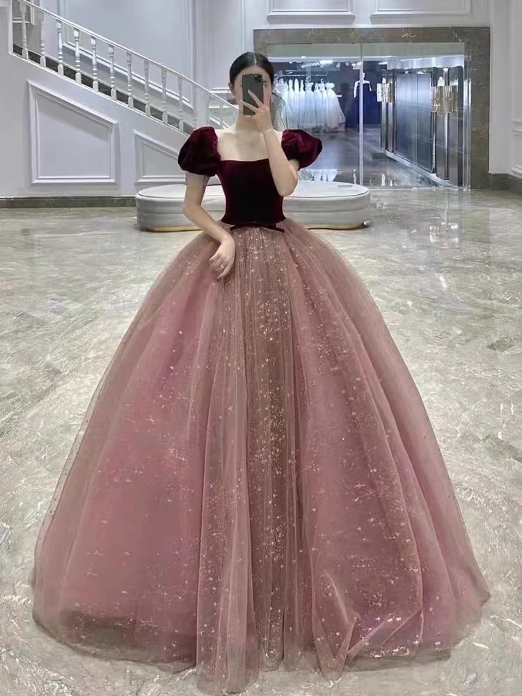 

Luxury Wine Red Velvet Prom Dress A-Line Square Collar Sexy Shiny Tulle Backless Lace Up Floor-Length Quinceanera Ball Gowns New