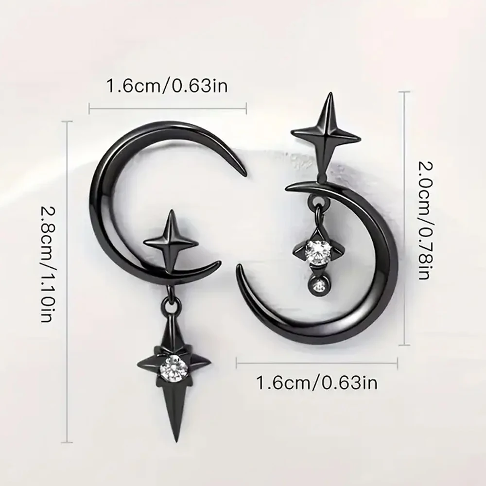 أقراط على شكل نجمة وقمر مخصصة، قمر أسود اللون مع عناصر نجمة، زخرفة حجر الراين، تصميم غير متماثل، مليء بالأناقة #2