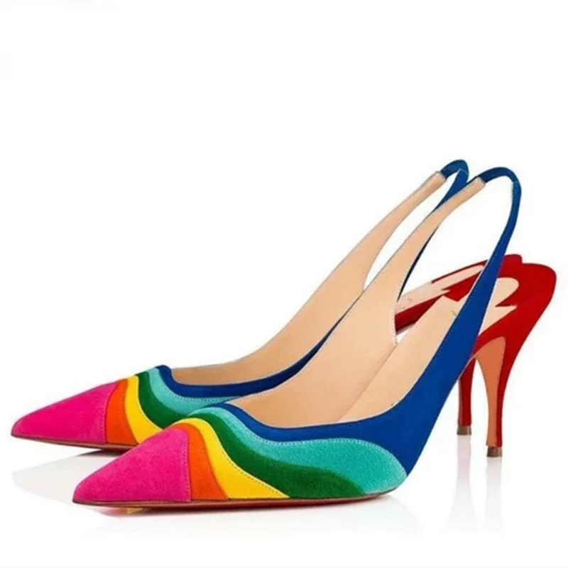 Sexy Rainbow Colorful Suede Patchwork Pumps Ladies Kitten Heels Pointed Toe Female Back Strap Mixed Color Banquet Dress Shoes