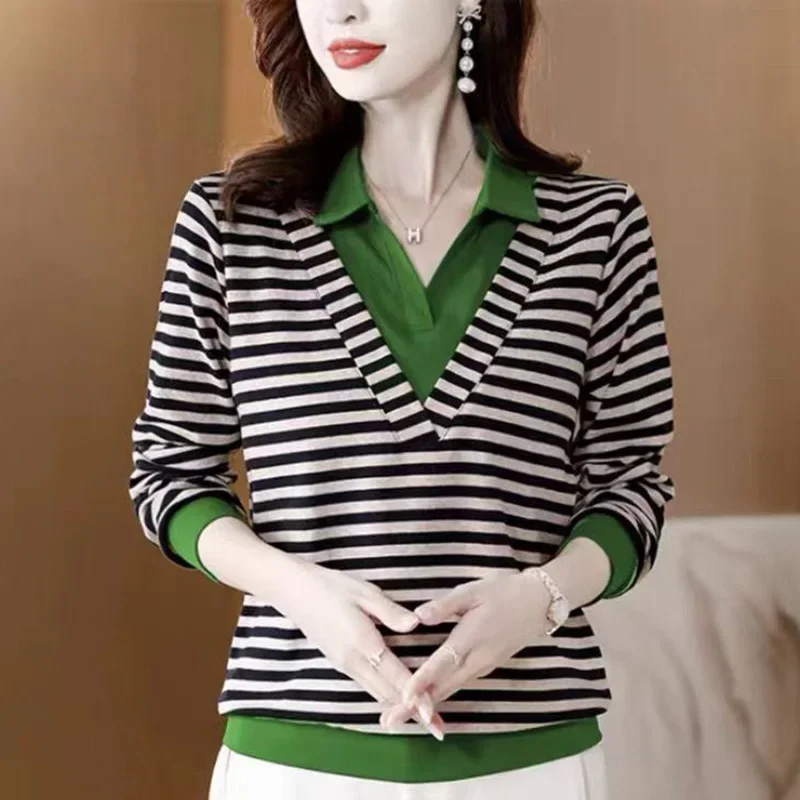 

Fashion Lapel Striped Fake Two Pieces Blouse Women's Clothing 2023 Autumn New Casual Pullovers Tops Loose Commute Shirt