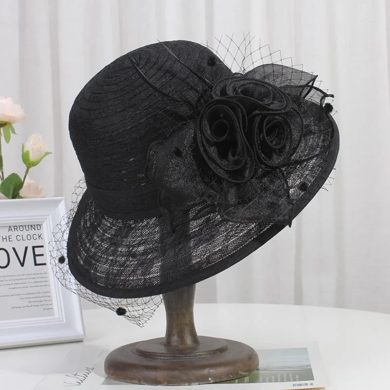 Summer Beige Lace Fascinator Hats Wide Brim Party Church Hat For Women Elegant Wedding Fedora Ladies Kentucky Derby Cap