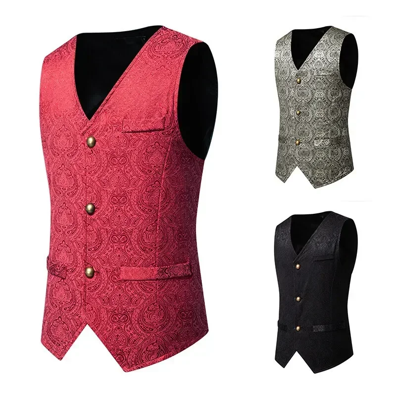 

Spring Autumn New Fashion Men's Casual Trendy Printed Flower V-neck Jacket Vesy Coat Slim Vintage Middle Ages Waistcoat Male