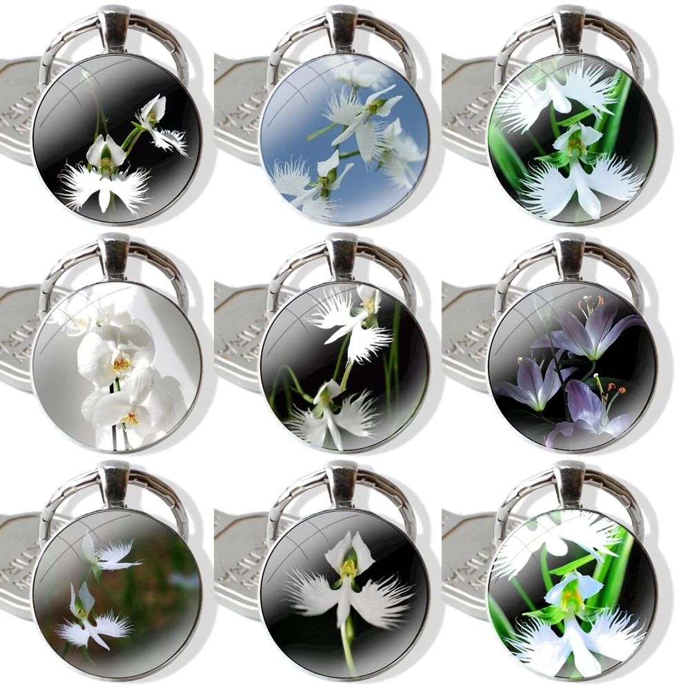 Fashion Cartoon Design Creative Keychain Handmade Glass Cabochon Key Ring Holder Pendant Key Chains White Egret Orchid