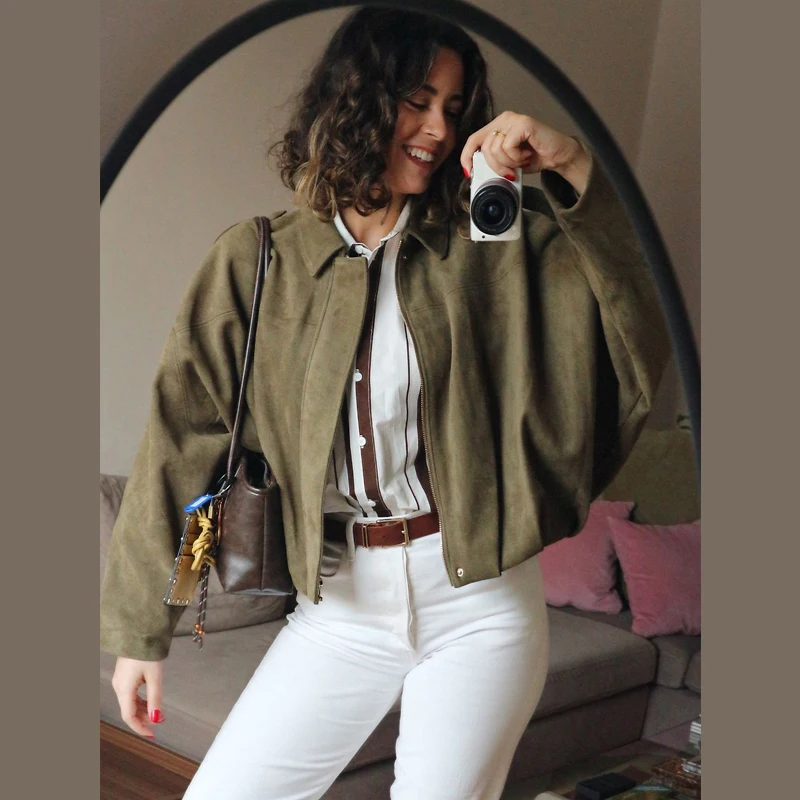 

Women's Bomber Jacket Lapel Long Sleeve Zipper Suede Jacket Women 2026 High Street Cropped Racing Jackets Coats Outerwears